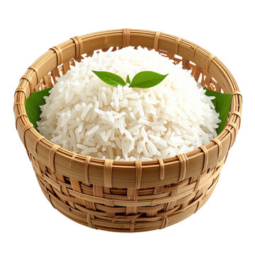 Freshly cooked rice in woven basket with green basil leaves isolated on white background