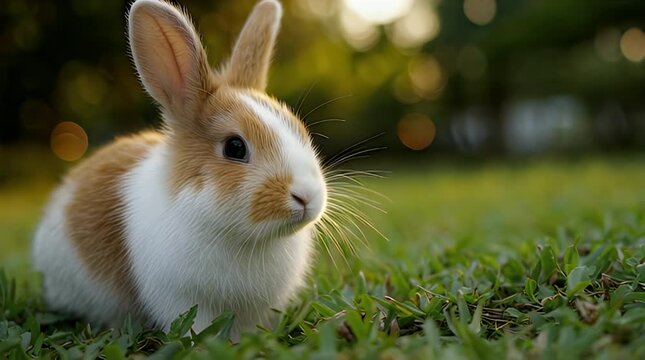Small Rabbit Sitting Calmly on Grass, Clean Natural Background