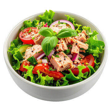 Tuna salad with fresh basil tomatoes red onion and lettuce in a white bowl isolated on white background