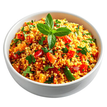Couscous salad with red peppers tomatoes and basil in a white bowl isolated on white background