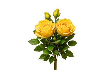 A bouquet of vibrant yellow roses  with lush green leaves and thorns on the stems. isolated on transparent background