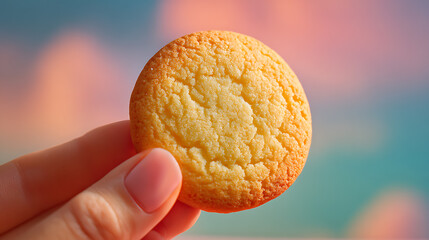Hand Holding Golden Sugar Cookie Against Blurred Pastel Sky Background