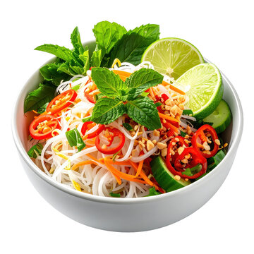 Vibrant vietnamese pho bowl with fresh herbs lime and chili peppers isolated on white background