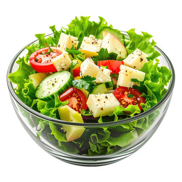Fresh salad bowl with cheese tomatoes and cucumbers isolated on white background
