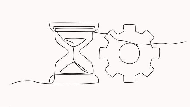Minimalist One Line Hourglass Drawing gear animation, Business gear doodle line with teamwork concept, Clock gear icon. Business vector design, Hourglass with gear animation continuous single line.