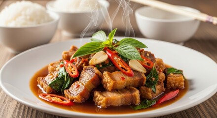 Deliciously plated crispy pork belly with herbs and chili, served with rice in a warm setting