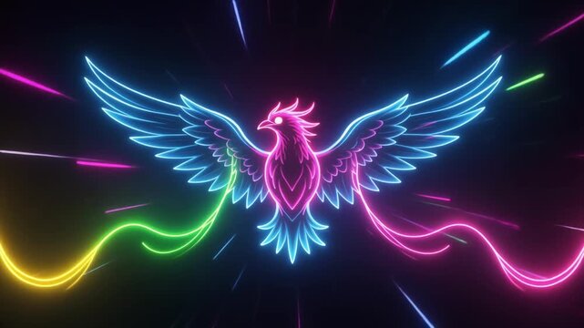 Vibrant Neon Phoenix Bird with Glowing Wings and Colorful Light Trails.