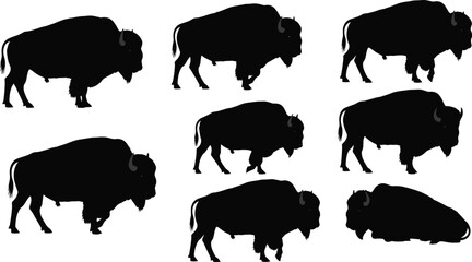 Fototapeta premium Black bison silhouettes in diverse poses, standing and walking positions, abstract wildlife grid design, creative animal artwork, modern vector illustration background