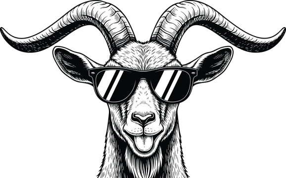 Goat with curved horns wearing sunglasses and sticking tongue out, humorous animal illustration, playful vector artwork design element