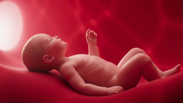 A fetus lies on its back in a womb with one arm raised in a video illustrating prenatal development.