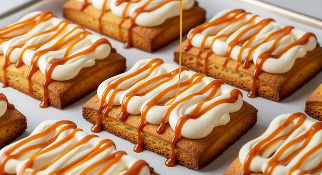 Golden shortbread cookies topped with piped white cream and a glossy caramel drizzle being poured in a professional studio setting.