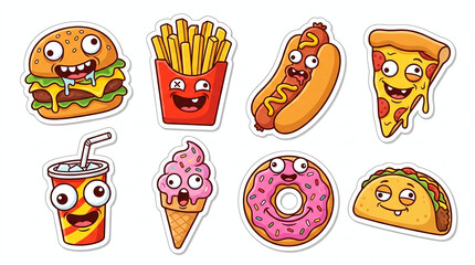 Fototapeta premium Funny Funny Fast Food Snack Junk Food Sticker Sheet ​