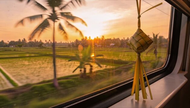 cinematic train window view with ketupat at sunset perfect for islamic celebrations