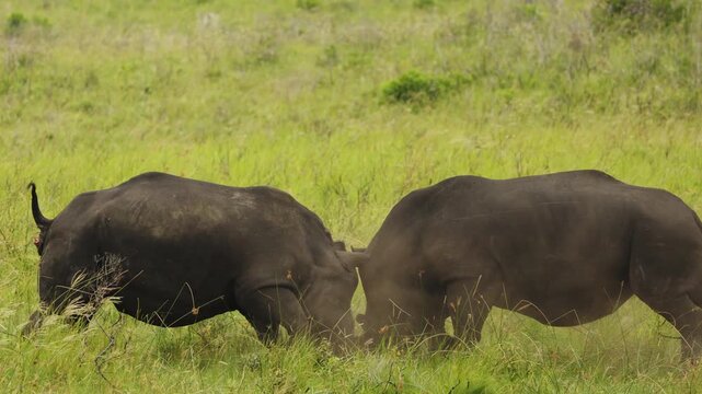 Safari national park. Rare Footage of two aggressive White horn Rhinos fighting butting for female attention in South Africa savannah. Wild animals exotic nature mammal animals in natural habitat