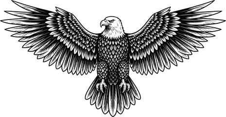 Obraz premium Majestic eagle illustration, detailed wings spread, black and white vector art, powerful bird design, symmetrical frontal view, open beak, intricate feathers