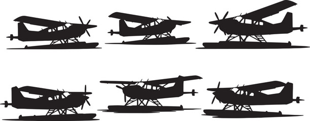 Black Solid Floatplanes on Water Silhouettes Set of Six on White Background © Lubna