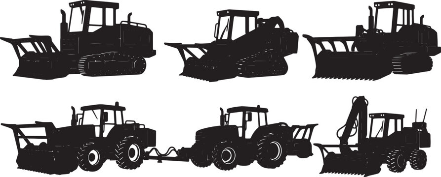 Black Solid Forestry Mulcher Truck Silhouettes Set of Six on White Background
