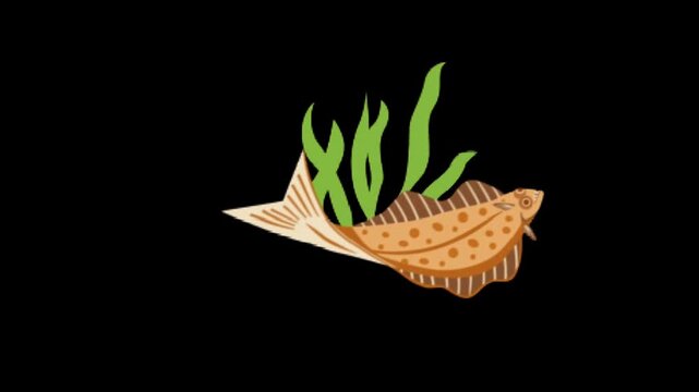 Orange spotted fish swimming near sea plants with smooth motion in dark underwater calm loop animation scene