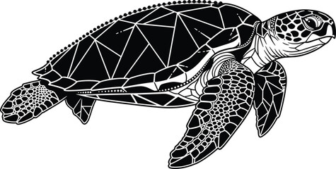 Sea turtle with geometric polygonal shell, abstract mosaic flippers and head, marine wildlife vector illustration, ocean animal design artwork © MstAyesha