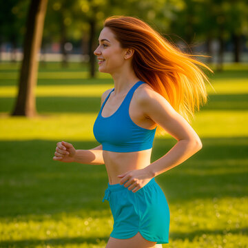 Energia e Movimento: Mulher Ruiva em Treino de Cardio e Bem-Estar no Parque Ensolarado