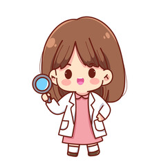 Fototapeta premium Cute girl scientist holding magnifying glass wearing white lab coat and pink dress for education and research mascot character