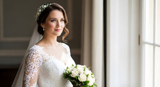 Elegant bride portrait wearing classic white wedding dress