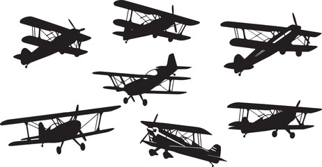 Black Solid Acrobatic Biplane Silhouettes Set of Six on White Background © Sahileditz