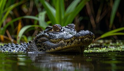 Obraz premium A dangerous green alligator with sharp teeth and glowing eyes swims through the wild Florida Everglades swamp looking like a predatory crocodile in the murky river water
