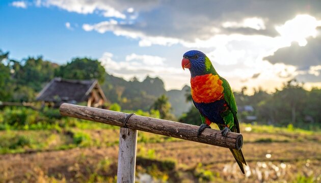 A beautiful colorful blue and yellow macaw parrot with a bright beak sits on a tropical tree branch amidst wild green nature in this exotic wildlife portrait