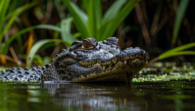 A dangerous green alligator with sharp teeth and glowing eyes swims through the wild Florida Everglades swamp looking like a predatory crocodile in the murky river water