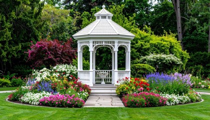 Obraz premium Historic architecture of an old garden gazebo stands as a summer landmark within a green city park under a clear sky