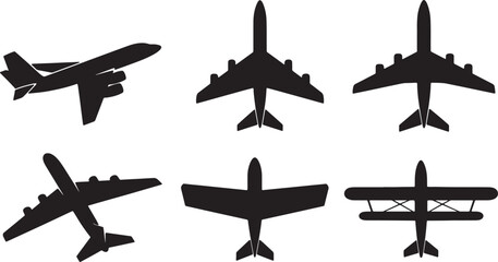 Black Solid Airplane Wing Configurations Silhouettes Set of Six on White Background © Sahileditz