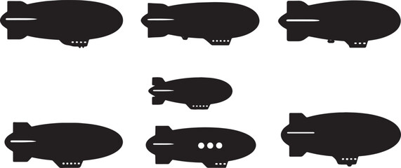 Black Solid Airships and Dirigibles Silhouettes Set of Six on White Background © Sahileditz