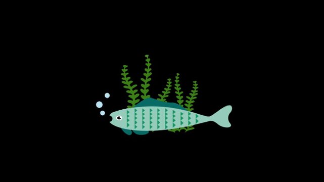 Minimal underwater animation with patterned fish swimming past sea plants bubbles rising calm dark ocean background loop
