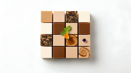 Obraz premium Korean milk tea jelly cube dessert arranged neatly on a square grid with various toppings