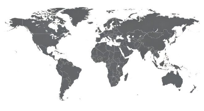 A minimalist world map highlighting the continents in muted grayscale tones. isolated on transparent background