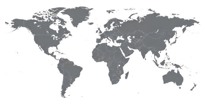 A minimalist world map highlighting the continents and oceans in grayscale tones isolated on transparent background