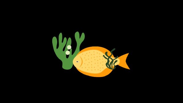 Animated orange fish swims through green seaweed with rising bubbles on a deep black background loop seamless motion art