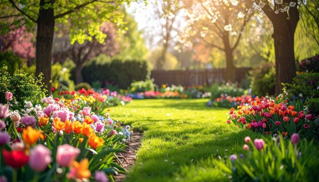 A vibrant spring landscape features a lush green lawn and winding path through a garden flowerbed blooming with pink and red tulips under a canopy of budding trees in Keukenhof park