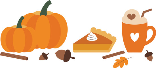Autumn pumpkins with pumpkin pie slice latte coffee cinnamon acorns and fall leaves flat vector illustration isolated © SreemotiLipi