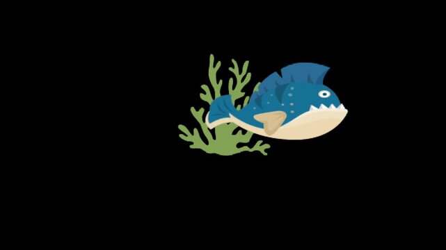 Animated orange fish glides among green aquatic plants with rising bubbles on a deep black background loop