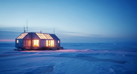 A distinctive Arctic colony-style home, aglow with inner warmth, stands resiliently in a boundless, stark ice field, bathed in soft twilight, futuristic, settlement, building