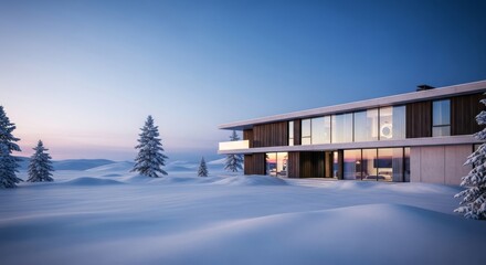 A modern, luxurious designer chalet in a pristine snowy landscape, showcasing elegant architecture under a winter sky, contemporary, wooden, house