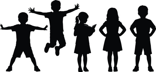 Children silhouettes collection showing playful jumping, reading, standing and confident poses isolated on light background for childhood, education, growth and personality development concepts