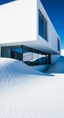 A modern, minimalist house perfectly integrated into a serene snowy landscape, showcasing stark architecture and winter beauty, minimal, nature, minimalist