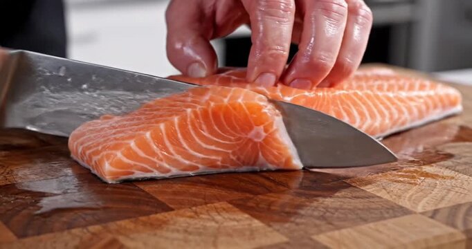 Chef skillfully slicing fresh salmon fillet on a wooden cutting board in a modern kitchen