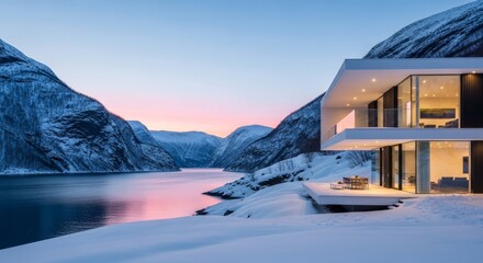 A sleek, minimalist modern home nestled in a breathtaking snowy fjord landscape, showcasing clean lines and large windows, remote, frosty, elevated