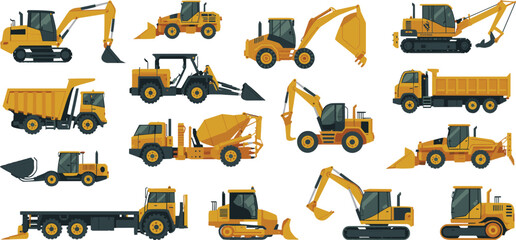 Heavy construction machinery collection vector illustration featuring excavator, bulldozer, loader, dump truck, grader, and industrial equipment isolated on background © SreemotiLipi