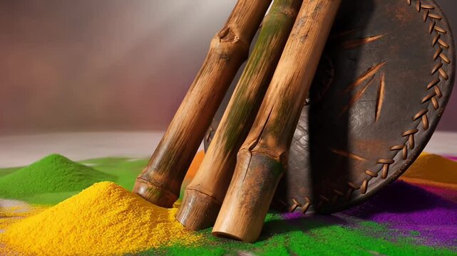 Traditional Lathmar Holi Bamboo Lathis and Leather Shield Resting on Colorful Gulal Powdered Ground with Vibrant Atmosphere