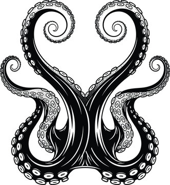 Symmetrical octopus tentacles illustration, ornate curling design with suction cups, bold black and white vector artwork for tattoo, logo, decoration